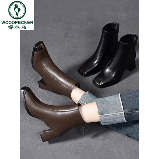 Woodpecker 2026 New Spring and Autumn Square Toe Short Boots Women's Genuine Leather High Heel Ankle Boots Autumn and Winter Thick Heel Medium Heel Leather Shoes Plus Velvet Women's Shoes Black Single Liner Heel Height 6cm 41