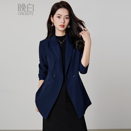 Late white off-size clearance 2026 spring double-breasted lapel top temperament fashion versatile commuter suit jacket for women dark blue S