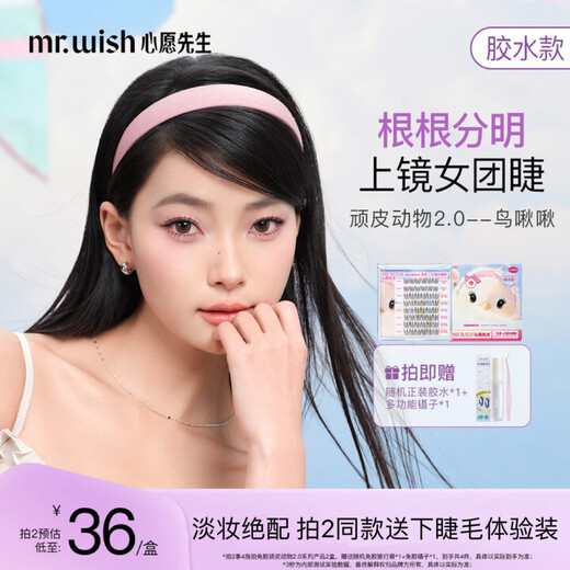 Mr. Wish Glue Style False Eyelashes Beautiful Mouse Bird Chirp Fox White White 3D Female Group Eyelashes Bird Glue Style 48 Clusters 11mm