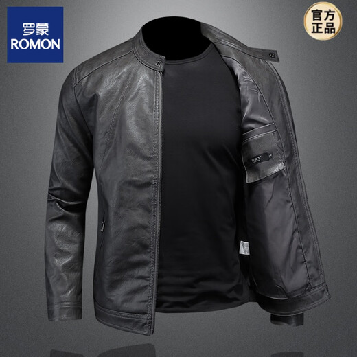 ROMON Venom European and American simple stand-up collar simulated leather jacket men's motorcycle handsome spring and autumn style overcome youth slim leather jacket gray XL one size larger