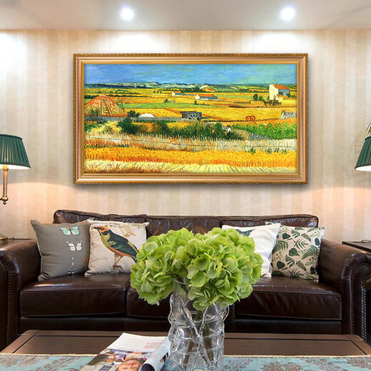 Flagal del emperador Van Gogh La cosecha de campo de trigo pintada al óleo pintada al óleo de estilo europeo Decoración de restaurantes Sala de estar Sofá Fondo de pared Pintura de pared Pintura colgante 692 Marco de oro 180x90