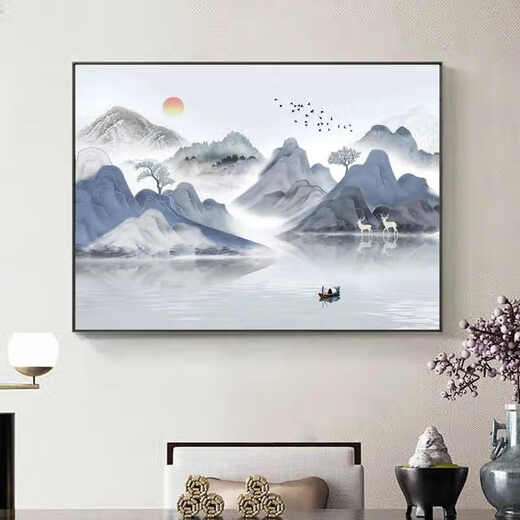 
Sensual paintings New Chinese style landscape paintings Restaurant dining room decoration painting Atmospheric bedroom bedside hanging paintings Living room tea room background wall mural JD15686 120*80CM crystal porcelain aluminum alloy black frame