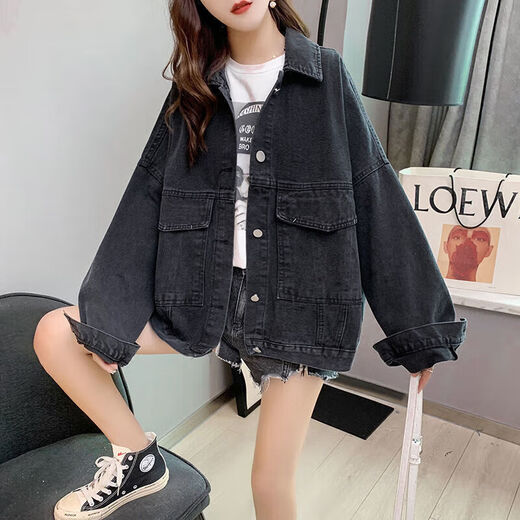FHHUABD Guangzhou Xintang Jeans Women's Autumn Denim Clothes Jacket Korean Loose 2024 Trend 9926# Picture Black S S Recommended 80100Jin [Jin equals 0.5 kg]