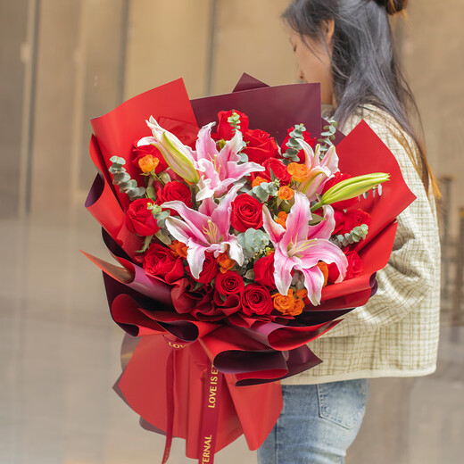 Zorah Valentine's Day Flower Express Rose Bouquet Proposal Birthday Gift for Girlfriend Nationwide Flower Shop Delivery 19 Red Roses + Lily Mixed Bouquet