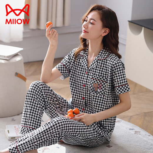 Catman (MiiOW) star pajamas summer women's pure cotton short-sleeved trousers spring and autumn red plaid middle-aged mother's large size home clothing FTX-9921 M - Recommended 80-95Jin [Jin equals 0.5 kg]