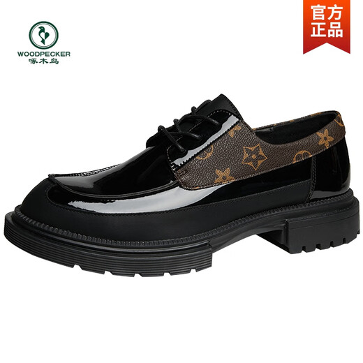 Woodpecker Men's Leather Shoes Genuine Leather Casual Glossy Round Toe British Style Leather Shoes Men's Business Formal Inner Height Thick Sole Trendy Shoes Black Regular Style 39