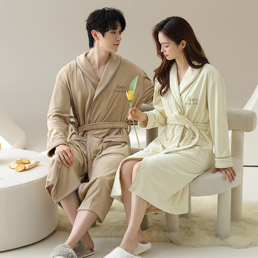 
Langsha couple nightgown for women in winter island velvet plus velvet warm pajamas for men's casual bathrobe morning robe home clothes autumn and winter style 15565 champagne + 24565 beige women XL [165-175CM/120-135Jin [Jin equals 0.5 kg]]
