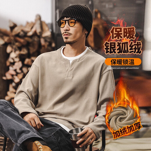 Jay Leno American retro fake two-piece 400g heavyweight t-shirt men's long-sleeved European velvet sweatshirt men's spring and autumn velvet Henry shirt men's apricot plus velvet M suitable for 100-120Jin Jin equals 0.5 kg