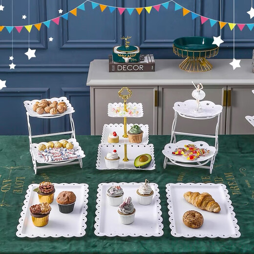 Haofanjie dessert table display stand tea break table cake multi-layer shelf candy snack pastry tray afternoon tea cold meal tray 2 pack white square dessert display tray