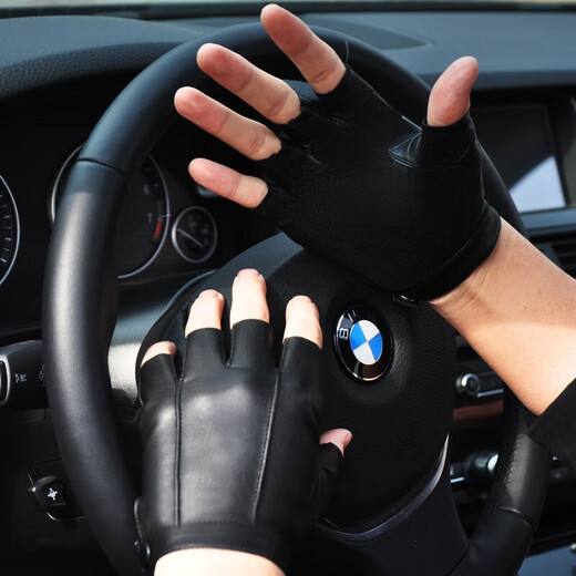 Zhongyan leather half-finger gloves, men and women cycling and driving, non-slip, warm, fitness fingerless half-finger gloves, thin students, black half-finger three-line