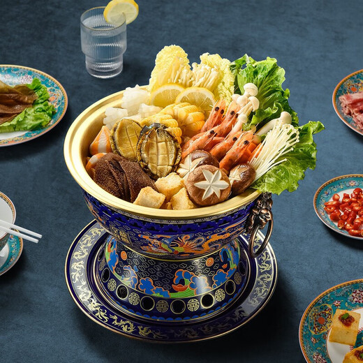 景泰蓝铜火锅酒精炉火锅专用锅铜锅单人火锅小火锅锅具一人一锅 大号塔型-龙凤款 24cm