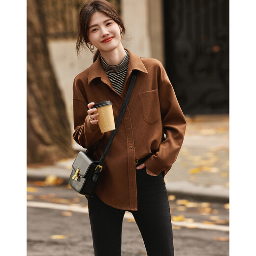 Demana Urban Casual Commuting Half-High Lapel Shirt Contrast Color Stitching Brushed Shirt Women's Top Light Brown L