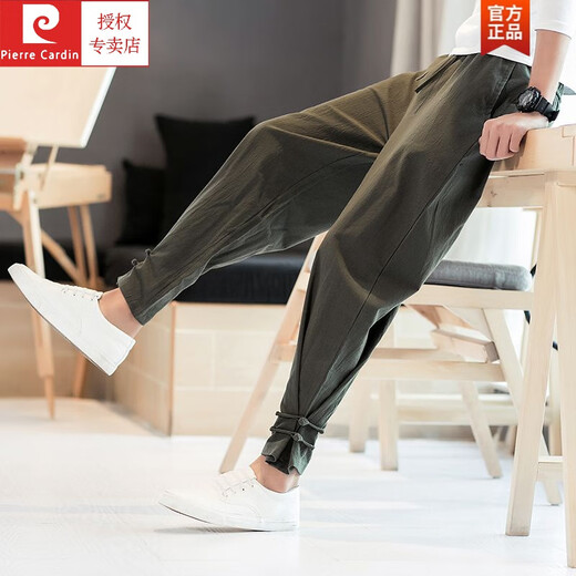 皮尔卡丹（pierre cardin）亚麻休闲长裤男士中国风宽松哈伦裤大码束脚运动九分裤男灯笼裤子 黑色 2XL 160-179