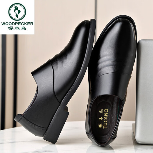 Woodpecker brand men's shoes genuine leather business formal leather shoes men's Korean version of height-enhancing shoes plus fin cotton shoes men's British shoes wedding shoes trend 6189 black style 44