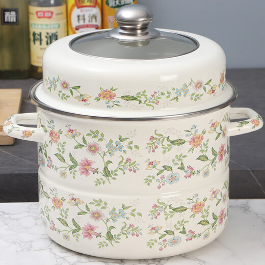 Oulijia enamel steamer with steaming grate, stew pot, soup pot, steamed buns, steamed buns, induction cooker, gas universal, aromatic - visible lid, 2 layers, 26cm