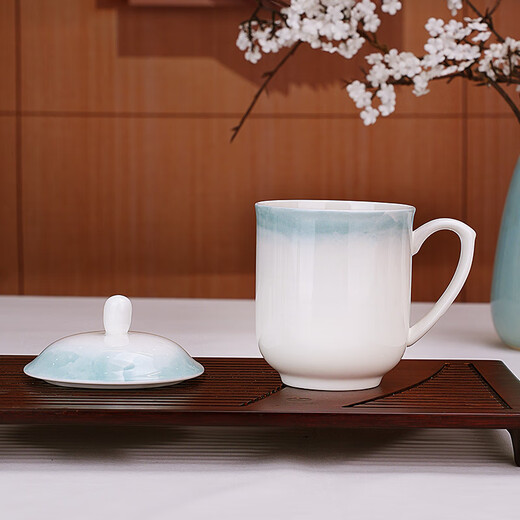 Guoyue Bone China Conference Cup Office Underglaze Color Tea Cup Ceramic Cover Cup Customizable Logo Printing Office Water Cup with Cover Yunjin Wanli Conference Cup 1
