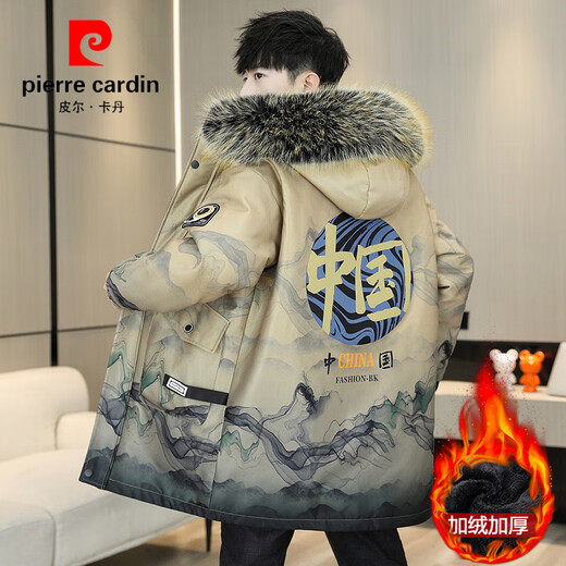 皮尔卡丹（pierre cardin）冬季男士风衣中长款加绒加厚连帽夹克潮流休闲帅气高级感棉衣外套 卡其色 M 90-110斤