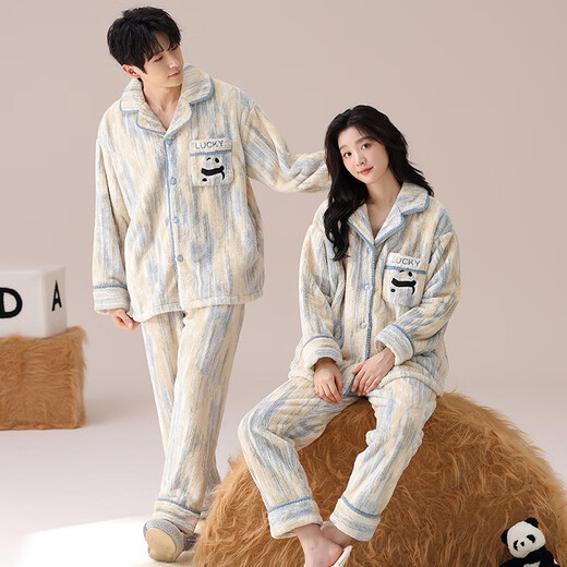 Emanan winter warm coral velvet couple pajamas for women thickened and velvet simple casual flannel men's home wear set GEY7886 women's XL