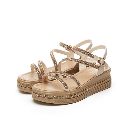 Daphne (DAPHNE) Roman sandals 2025 women's new summer rhinestone strap heel thick sole small sponge cake shoes women's shoes beige 38