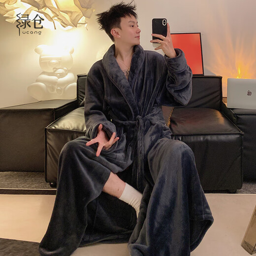 Lvcang Autumn and Winter Coral Velvet Pajamas Men's Winter Plus Velvet Thickened Warm Five-Star Hotel Bathrobe Plus Size Plus Size Pajamas Black Gray Long Loose Version 3XL