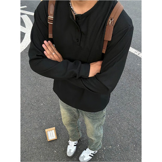 Katuchi American Henry collar long-sleeved T-shirt for men in spring and autumn waffle handsome sweatshirt loose casual inner bottoming shirt for men black regular style L