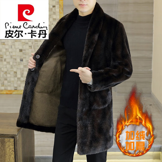 Pierre Cardin winter mink fur coat men's medium-length plus velvet thickening suit collar windbreaker handsome casual turf jacket green M