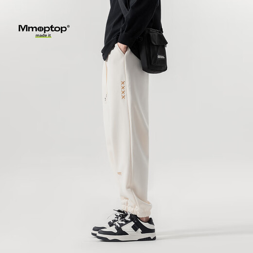MMOPTOP潮牌休闲裤子男春夏季日系复古宽松运动束脚卫长裤HK23928米白L