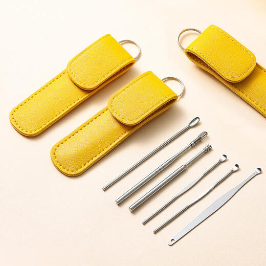 Han Meichen ear scoop six-piece set of ear picking tools stainless steel ear scoop leather bag cleaner household portable yellow light-emitting ear scoop 6 pieces (yellow leather set)