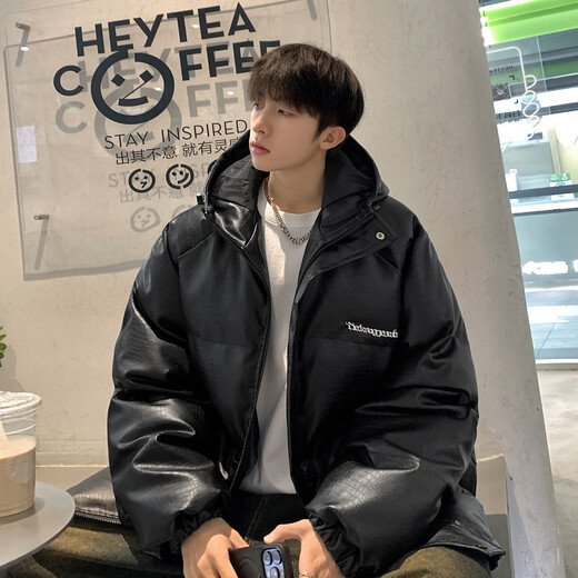 Poke Mailad PU leather cotton jacket men's hooded winter new American fashion brand thickened warm large size loose cotton jacket brown XL 130-150Jin Jin equals 0.5 kg