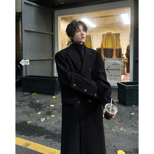 
NEW OR MODE British style long lapel woolen coat men's autumn and winter new versatile rivets high-end loose trendy coat Black XL