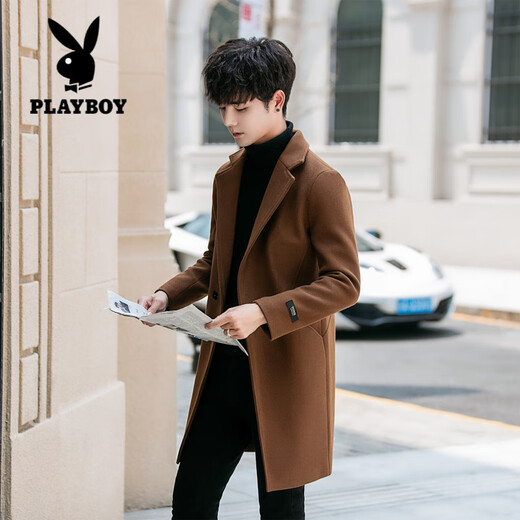 Playboy (PLAYBOY) windbreaker men's mid-length Korean style slim and handsome cotton-thick woolen coat men's woolen coat men's trend apricot cotton M