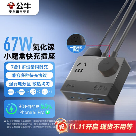 BULL 67W gallium nitride small magic box socket/plug board/socket strip/wiring board 3C certification suitable for iPhone17 master control switch 2A2C+3 positions full length 1.5 meters black