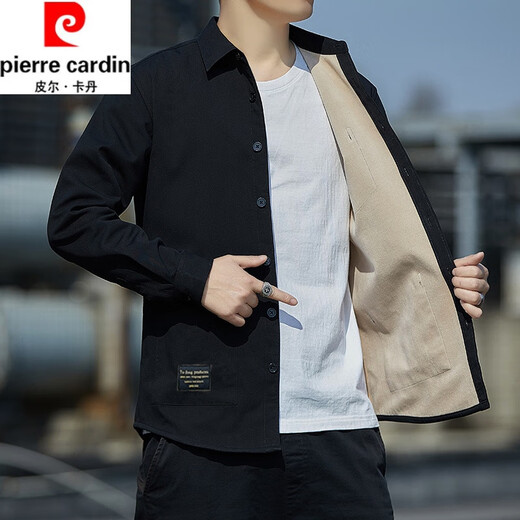 Pierre Cardin men's long-sleeved shirt with velvet and thickened cotton warm men's jacket autumn and winter shirt young and middle-aged men's warm shirt army green pure cotton warm velvet shirt H25 XL recommended 130-150Jin Jin equals 0.5 kg