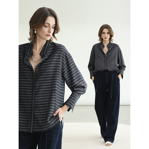 COCOBELLA pre-sale fashionable design striped shirt 2025 women's autumn and winter commuter stand-up collar top SR3080 navy striped M