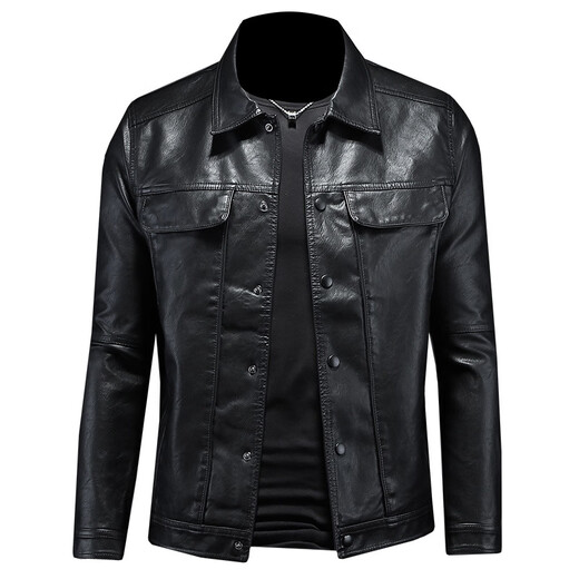 Haining Arena Men's Leather Jacket 2024 Autumn Men's Long Sleeve Lapel Motorcycle Handsome Jacket Slim Fashionable Men Dongguan Black M