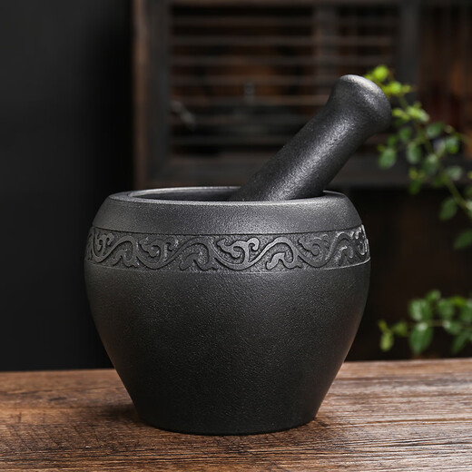 He Jiagong natural black gold stone, old-fashioned stone mortar, garlic pounder, stone cup, garlic mortar, chili pepper bowl, grinder, stone scoop, black gold stone outer diameter 13, plain style, water drop shape design