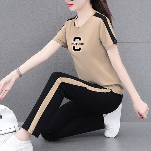 NY-EMMA sports suit for women short-sleeved summer thin high-end fashionable age-reducing cotton casual and fashionable running suit two-piece set 692 orange (trouser suit) XL (recommended 110-125 Jin [Jin equals 0.5 kg])
