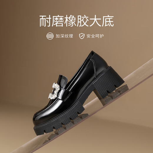 ZHR乐福鞋女时尚镜面百搭水钻女鞋厚底增高单鞋黑色皮鞋JF151黑色37