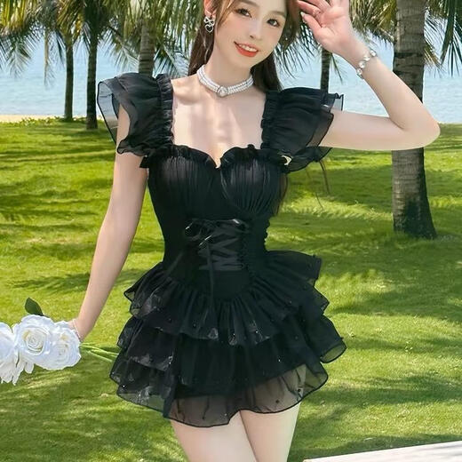 木南飞告白气球2024新款游泳衣女连体平角保守显瘦遮肚白天鹅系泳装 829黑色 L适合105-118斤