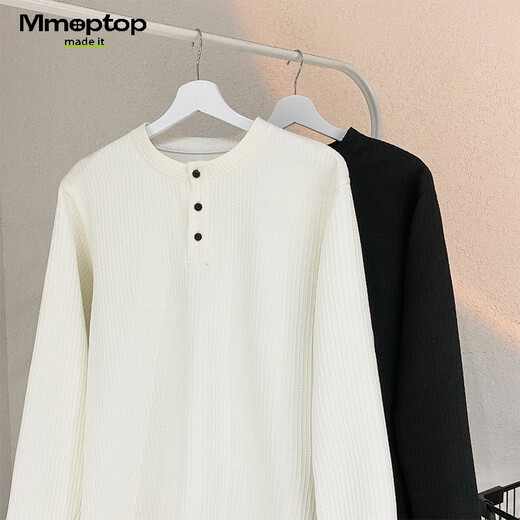 MMOPTOP American Henry collar long-sleeved T-shirt autumn and winter men's textured solid color bottoming shirt MTX20 white XL