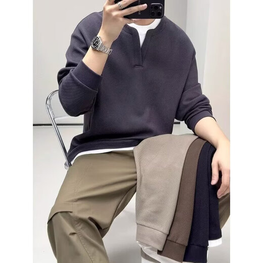 American deconstructed polo henley collar sweatshirt for men in autumn with a design sense of right shoulder loose hooded long-sleeved T-shirt base layer black M