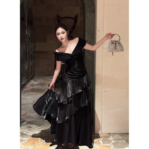 GJFDGood Job Rubens Holiday French black one-shoulder light luxury dress niche dress fishtail skirt porcelain black L