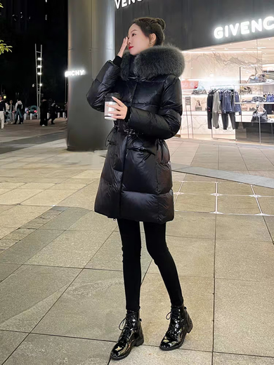 QVI high-end brand down jacket women's mid-length 2025 winter new style fashionable loose slimming thickened white duck down jacket black (real fox big fur collar) M 100-115Jin Jin equals 0.5 kg