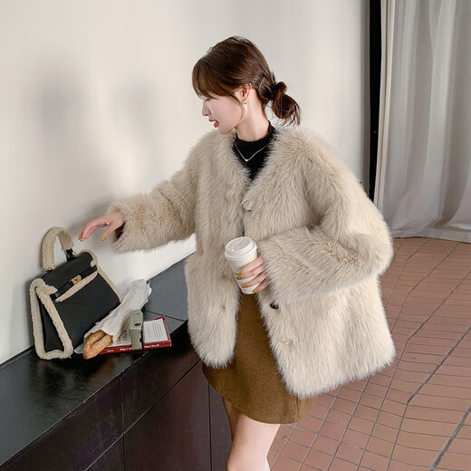 
Yiyi pure small fragrant style environmentally friendly fur plush coat for women's winter golden silk fox fur Korean popular street fur coat on white S