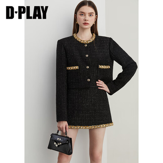 DPLAY Black Label 2025 Autumn New Black Small Fragrance Jacket Women's Heavy Industry Tweed Short Suit Skirt-Classic Black XL