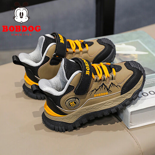 Babu Dou children's cotton shoes winter velvet warm boys' sports shoes leather waterproof primary school students outdoor hiking shoes black brown single shoes 36 (inner length 23.0cm)