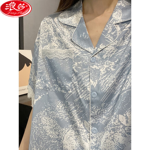 Langsha Ice Silk Pyjamas Frauen Sommer dreiteiliger Set kurzärmelig dünnes großer Eis Silk Sommer Internet Promi Wind Sky Blue Home Kleidung LT-3888 Rabbit-Three-Piece Set m