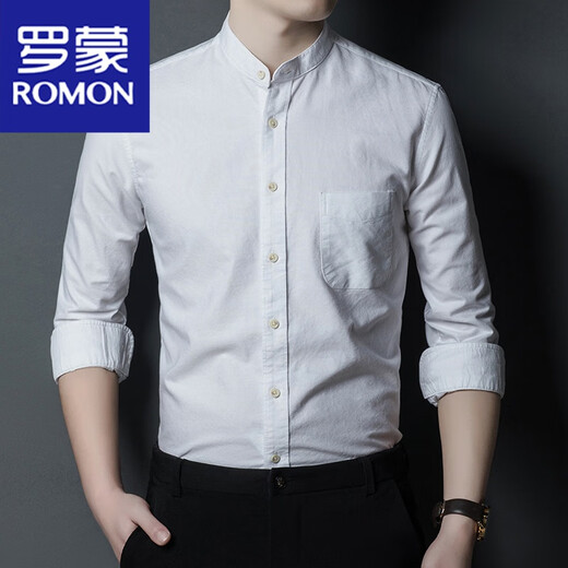 ROMON men's Chinese stand-up collar shirt 100 cotton business casual long-sleeved shirt dad's suit solid color base shirt 11162 denim lamb LY 185/125