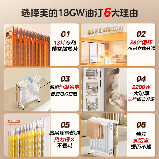 Midea Golden Thread Heater Home/Electric Heater/Electric Heater/Humidifying Dryer/13-piece Whole House Heater/Electric Oil Heater NY2213-18GW