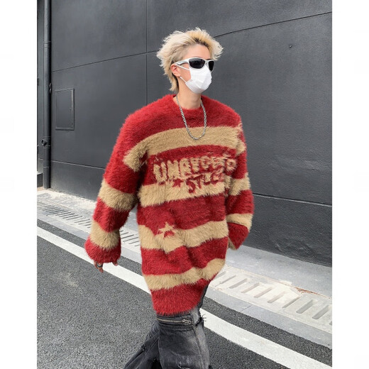 迪伽达 毛衣男士春季新款美式古着条纹慵懒打底衫外穿宽松针织衫男 GCFS-MY9214红色 XL